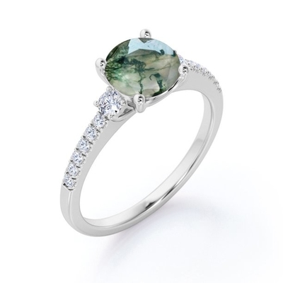 丸型の自然で透明な樹木状のモス グリーンの瑪瑙およびMoissaniteの3石の婚約指輪