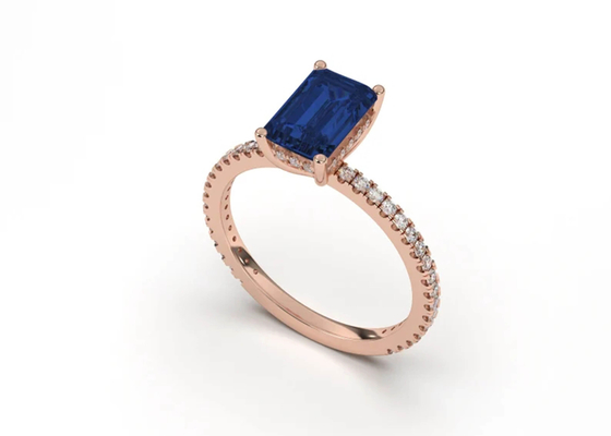青いSapphire Real Diamond Jewellery Ring Emerald Cut 8×6mm Size
