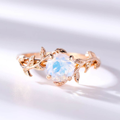 14Kローズの金ぱくの花のラウンド カットのMoonstoneの結婚指輪の婚約指輪