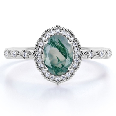 熊手のハローの楕円形は乳白色の白い樹木状の緑の瑪瑙およびMoissanite Miligreenの旧式な設計婚約指輪を切った