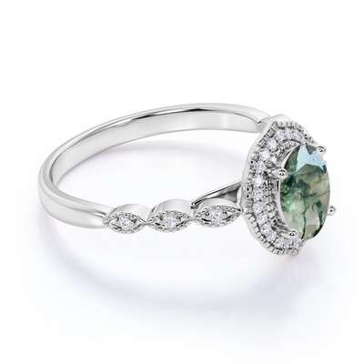 熊手のハローの楕円形は乳白色の白い樹木状の緑の瑪瑙およびMoissanite Miligreenの旧式な設計婚約指輪を切った
