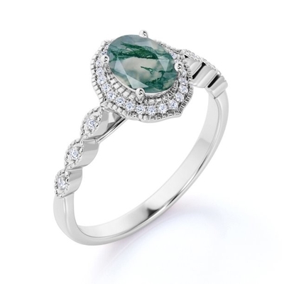 熊手のハローの楕円形は乳白色の白い樹木状の緑の瑪瑙およびMoissanite Miligreenの旧式な設計婚約指輪を切った