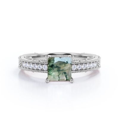 Cut Natural Druzy王女のモス グリーンの瑪瑙およびMoissanite Milgrainのボーダー ビクトリア時代の人は婚約指輪を舗装する