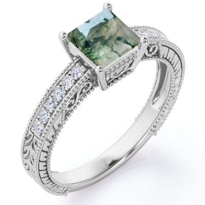 Cut Natural Druzy王女のモス グリーンの瑪瑙およびMoissanite Milgrainのボーダー ビクトリア時代の人は婚約指輪を舗装する