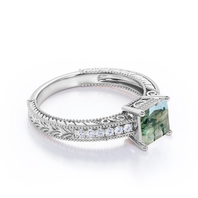 Cut Natural Druzy王女のモス グリーンの瑪瑙およびMoissanite Milgrainのボーダー ビクトリア時代の人は婚約指輪を舗装する