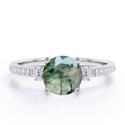 丸型の自然で透明な樹木状のモス グリーンの瑪瑙およびMoissaniteの3石の婚約指輪