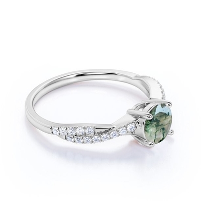 円形の自然なDruzyのモス グリーンの瑪瑙およびMoissaniteは歪んだ無限婚約指輪を舗装する