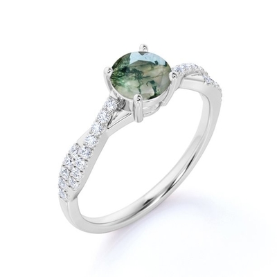 円形の自然なDruzyのモス グリーンの瑪瑙およびMoissaniteは歪んだ無限婚約指輪を舗装する