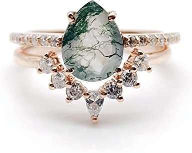 六角形は自然なコケ瑪瑙型のアール・デコのための独特なMoissanite花嫁リングを切った