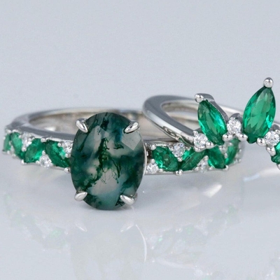 六角形は自然なコケ瑪瑙型のアール・デコのための独特なMoissanite花嫁リングを切った