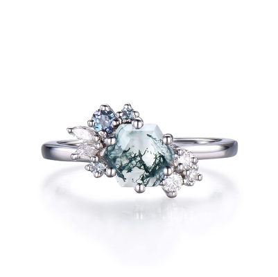 六角形は自然なコケ瑪瑙型のアール・デコのための独特なMoissanite花嫁リングを切った