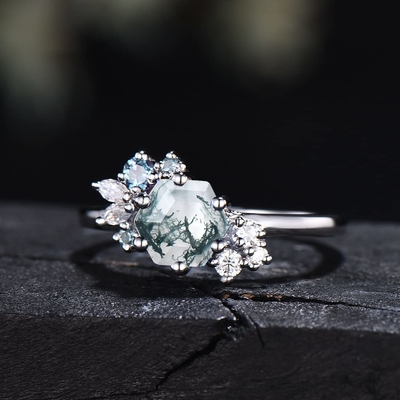 六角形は自然なコケ瑪瑙型のアール・デコのための独特なMoissanite花嫁リングを切った