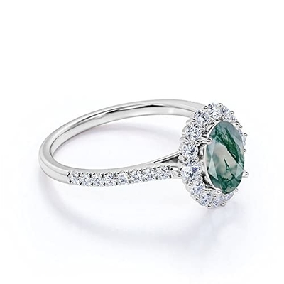 コケ瑪瑙のMoissaniteの楕円形のダイヤモンドの花のハローの婚約指輪の緑の宝石用原石