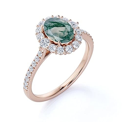 コケ瑪瑙のMoissaniteの楕円形のダイヤモンドの花のハローの婚約指輪の緑の宝石用原石