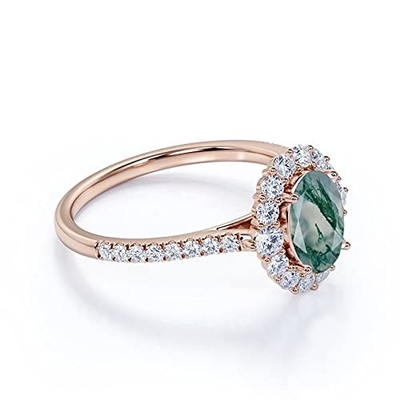 コケ瑪瑙のMoissaniteの楕円形のダイヤモンドの花のハローの婚約指輪の緑の宝石用原石