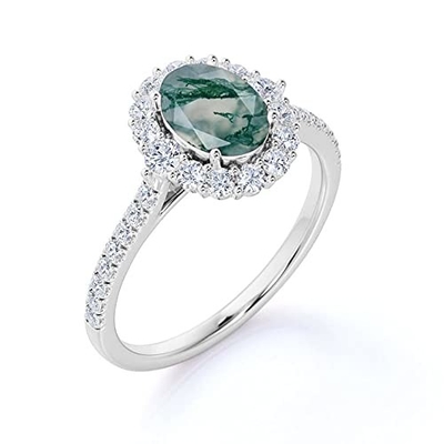 コケ瑪瑙のMoissaniteの楕円形のダイヤモンドの花のハローの婚約指輪の緑の宝石用原石