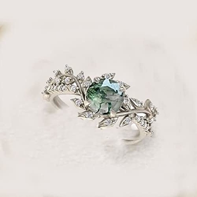 葉は925純銀製の中心の石の花嫁のMossagateの婚約指輪を形づける
