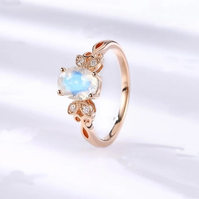 925純銀製ローズの金1つのカラットの花のハロー リング虹のMoonstoneリング