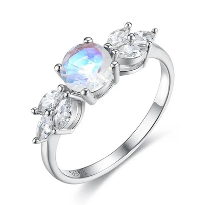 925純銀製ローズの金1つのカラットの花のハロー リング虹のMoonstoneリング