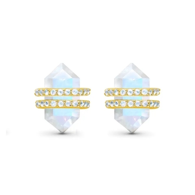925純銀製の自然な石造りの宝石類の六角形は青い虹のMoonstoneのスタッドのイヤリングを切った