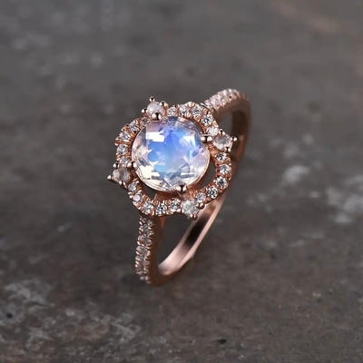 14Kローズの金の楕円形はカボション風にMoonstoneの婚約指輪のMoonstoneのハロー リング宝石類を切った