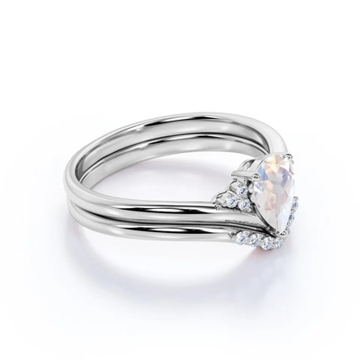 S925金の自然なナシはCzの虹のMoonstoneリングBohoの結婚式セットを形づける