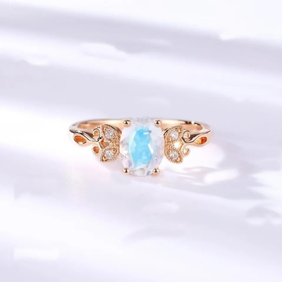 方法宝石類の本物の青いMoonstoneリング925純銀製のめっきされたローズの金