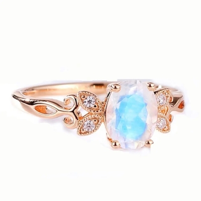 方法宝石類の本物の青いMoonstoneリング925純銀製のめっきされたローズの金