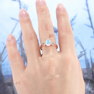 方法宝石類の本物の青いMoonstoneリング925純銀製のめっきされたローズの金