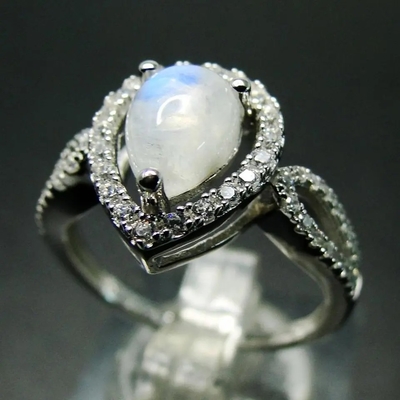 虹のMoonstoneの約束のダイヤモンド指輪925の純銀製