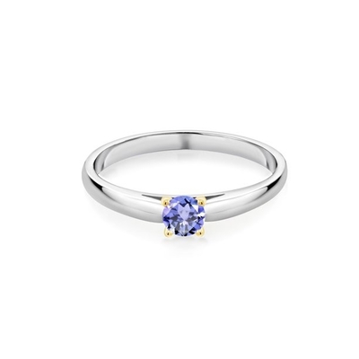 宝石王0.18 Ct 10Kイエロー・ゴールドの熊手が付いている青いTanzanite 925の純銀製リングは鳴る