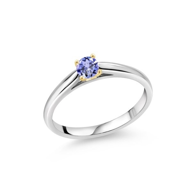 宝石王0.18 Ct 10Kイエロー・ゴールドの熊手が付いている青いTanzanite 925の純銀製リングは鳴る
