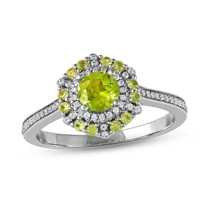 銀の緑のペリドット及びダイヤモンド指輪1/6 ct tw 10Kのホワイト ゴールド