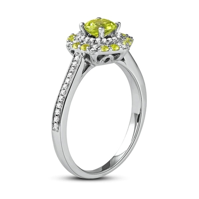 銀の緑のペリドット及びダイヤモンド指輪1/6 ct tw 10Kのホワイト ゴールド