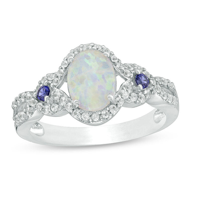 5.0mmのハート形のオパールおよび1/8 CT。純銀製のT.W. Diamond Frameリング
