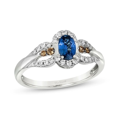 Le Vian Ovalの切口のサファイア リング1/5 Cttwのダイヤモンド14Kのバニラ金