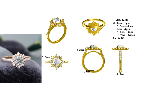 925銀製型のローズの金のハローの灰色のMoissaniteリング1ct Moissanite記念日リング結婚指輪