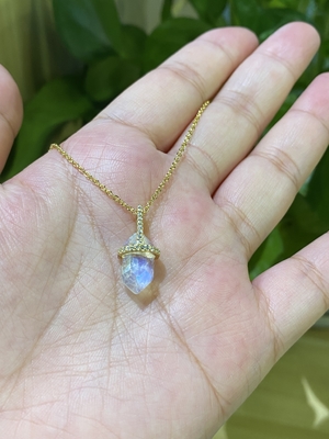 六角形のNatural Moonstone Necklace、14k Gold Cable Chain Necklace 14inch Length