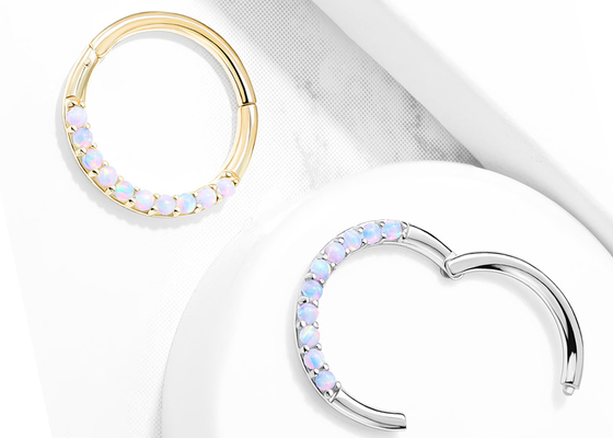 穿孔Hinged 14k Gold Clicker Hoop 1.2mm×10mm With White Opal