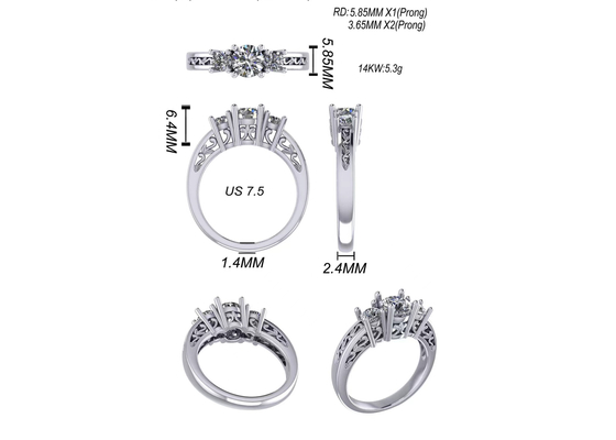 0.8ct 14k Solid Gold Jewellery、Prong Setting RD5.85mm Diamond Three Stone Ring