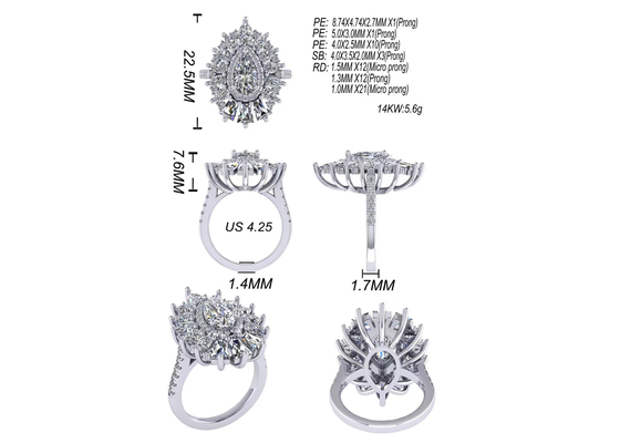 1.5ct 49pcsの古典的なハローのダイヤモンドの婚約指輪のホワイト ゴールド色はODMをめっきした