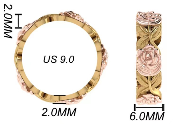 14K Tri Color Flower And Leaf Engagement Ring Thickness 2mm Width 6mm