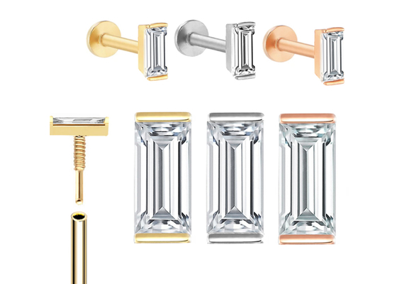 14K Gold Body Piercing Jewelry Earring OEM ODM With Rectangle Diamond