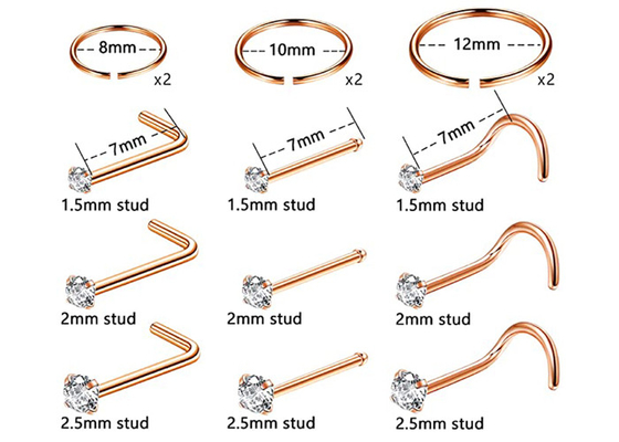 ODM 18kローズGold Nose Ring、Nose Piercing Pin With 1.5-2.5mm Natural Diamond