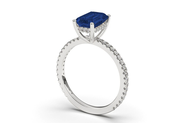 青いSapphire Real Diamond Jewellery Ring Emerald Cut 8×6mm Size