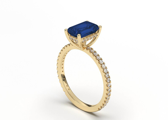 青いSapphire Real Diamond Jewellery Ring Emerald Cut 8×6mm Size