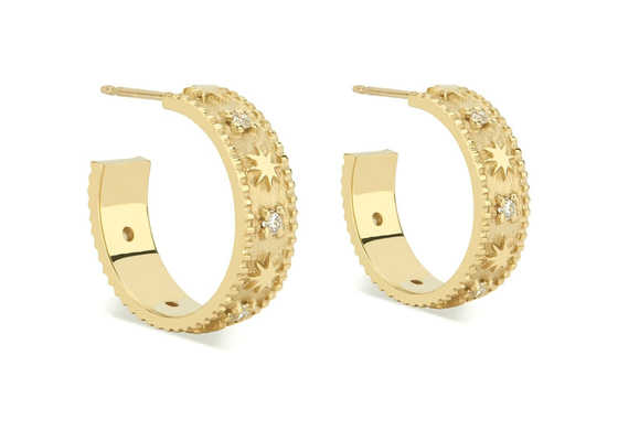 星のEngraved 9K Gold Earrings Huggie Hoop Style Dia 16MM Width 4MM