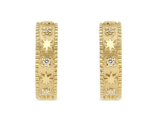 星のEngraved 9K Gold Earrings Huggie Hoop Style Dia 16MM Width 4MM