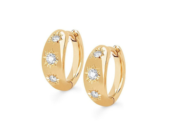 12mm Size Gold Huggie Hoop Earrings With 0.16ct Round Cut Diamond