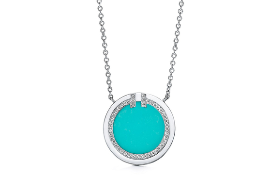 16-18inch Chainの18k White Gold Diamond And Turquoise Circle Pendant